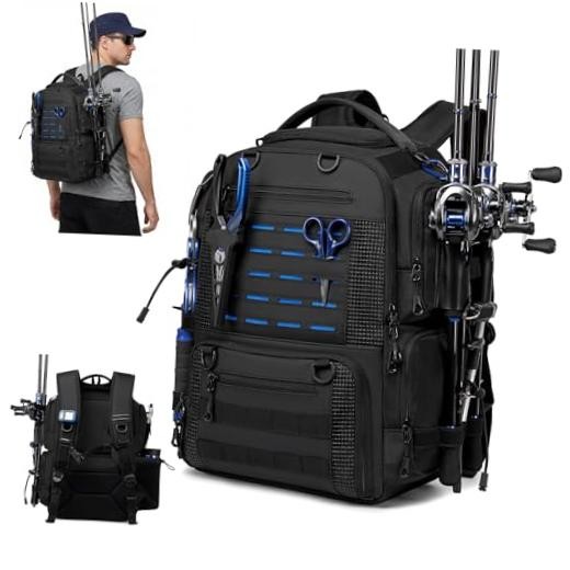 Fishing Tackle Backpack with 2 Rod Holders, Multi-Pocket Tactical Bag Black