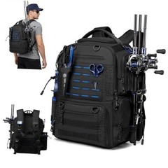 Fishing Tackle Backpack with 2 Rod Holders, Multi-Pocket Tactical Bag Black
