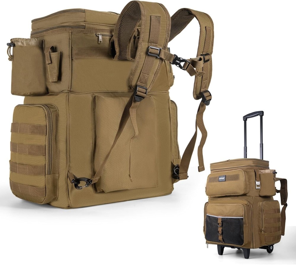 66L Rolling Tackle Box with Cooler, Khaki Large Fishing Bag with Wheels for 5 3