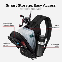 Fishing Backpack, Rod Holders, Lightweight Sling Bag, Black