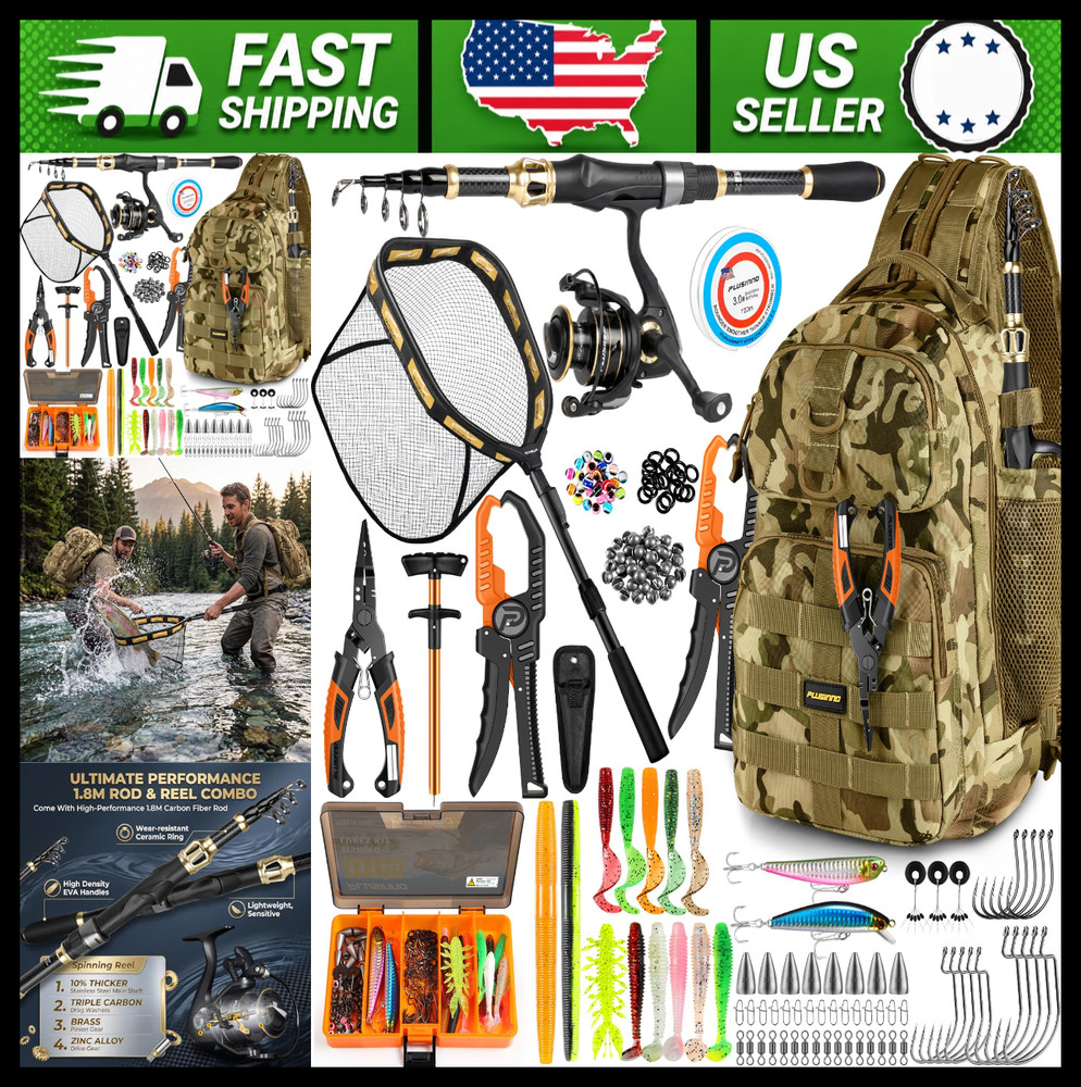 PLUSINNO Fishing Rod and Tackle Backpack Set with Fish Net and Tackle Box