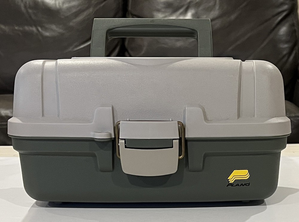 Vintage Plano Fishing Tackle Box 6102 Fold Out Tray 13” X 7” Gray /Green