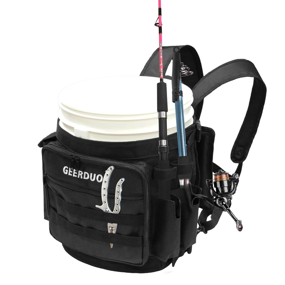 Fishing Bucket Backpack with Rod & Plier Holder and Pockets for Fishing, Hunt…
