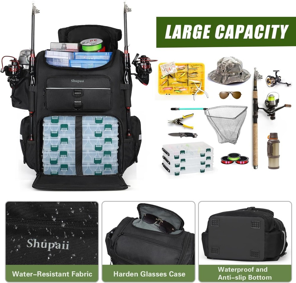 Large Fishing Backpack Waterproof Bag Rod Holders 45L Tackle Box Storage