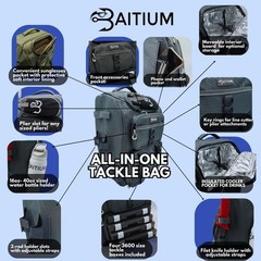 Baitium Fishing Backpack, Tackle Bag With Rod Holders, 40L Capacity With Cooler,
