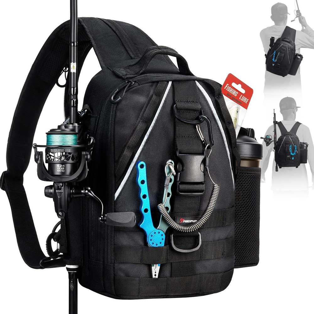 Fishing Backpack, Rod Holders, Lightweight Sling Bag, Black