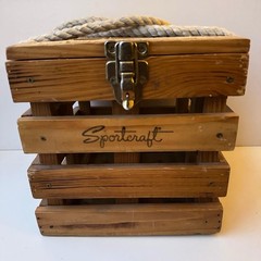 Vintage Sportcraft Wooden Crate Box Storage Chest Rope Handle Fishing Tackle