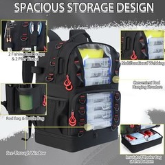 Fishing Tackle Backpack with Cooler, 2 Rod Holders, 45L, Black