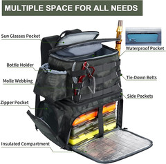 Fishing Tackle Backpack with Cooler, Large Fishing Bag with Rod Holders for 4 T