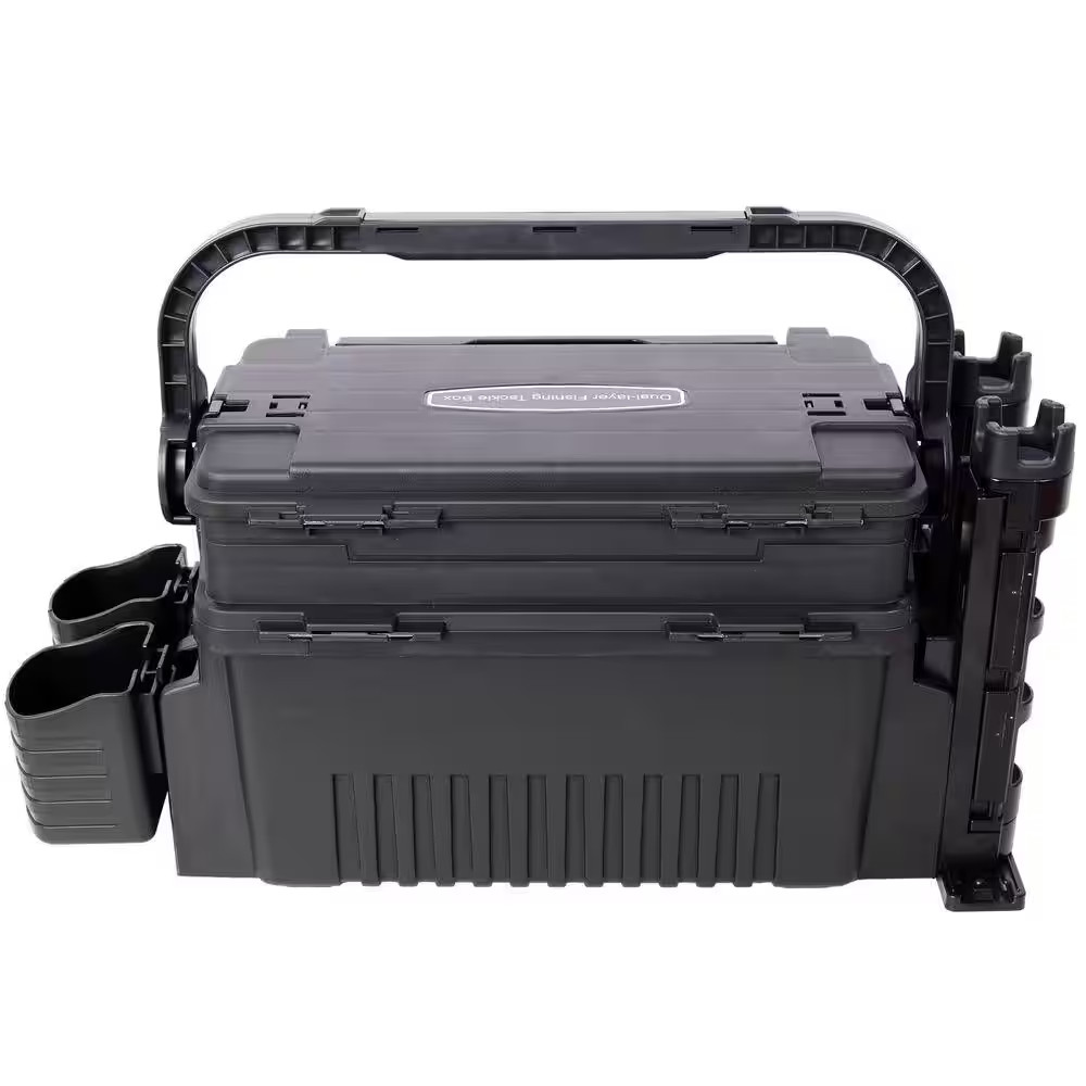 9 In. W Black Plastic Portable Dual-Layer Fishing Tackle Tool Box with Rod Holde