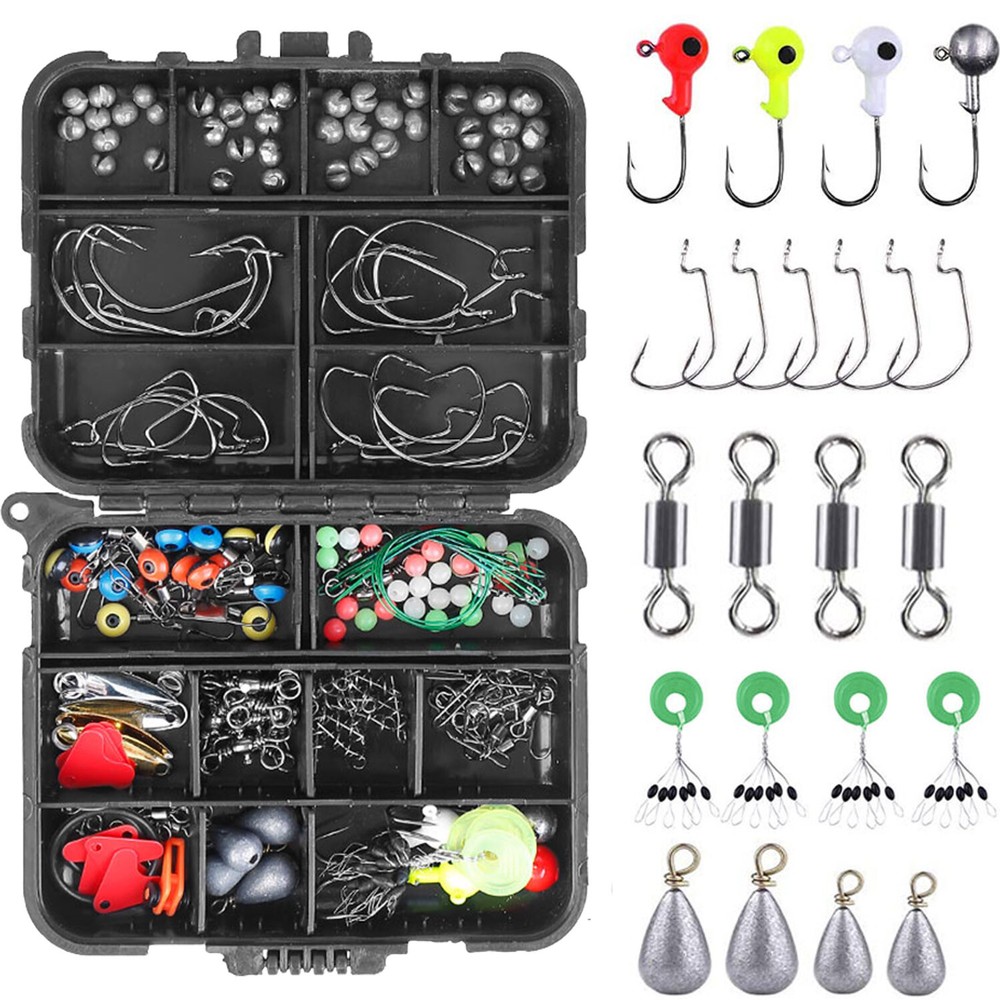 188PCS Fishing Accessories Kit Jig Hooks Bullet Bass Casting Sinker Weights Lure