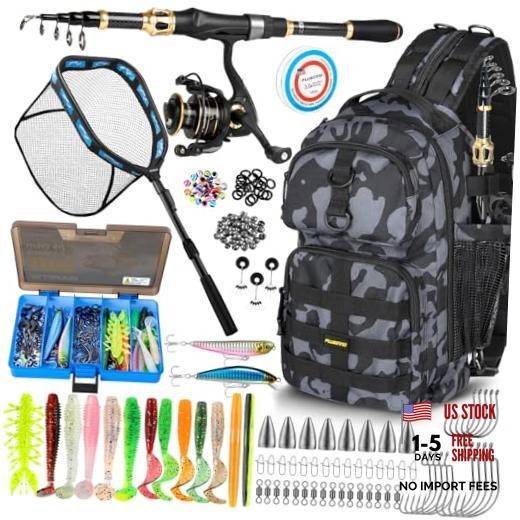Fishing Gear- Fishing Rod and Reel Combos, Fishing Black Backpack With Rod&net