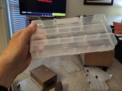 Two Plastic Fishing Tackle Boxes:Cabelas-9×4.5×1.5″. Plano-8.5×4.25×1.5″