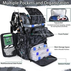 Luxurious 45L Fishing Tackle Backpack with Cooler & 4 Rod Holders in Camouflage