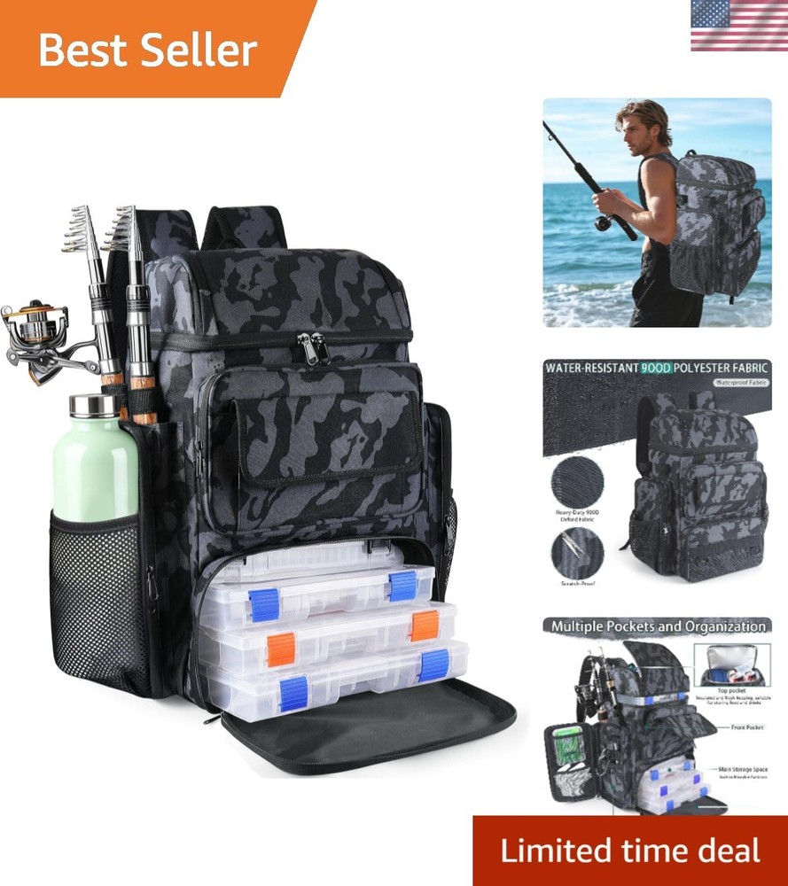 Luxurious 45L Fishing Tackle Backpack with Cooler & 4 Rod Holders in Camouflage