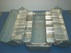 1950’s~JC Higgins~4 Tray Aluminum Tackle Box~ Orig. Embossed Flying Fish Logo