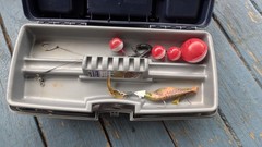 One Light Keyer Bait Box Tray Tackle Box Gray W/ Lures And More. Flip Top