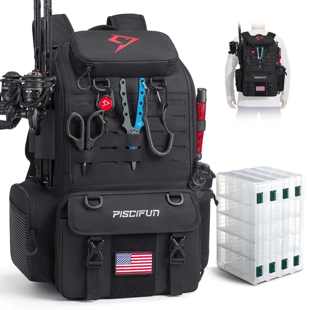 Piscifun 52L Fishing Tackle Backpack with Rod Holders & 4 Tackle Boxes