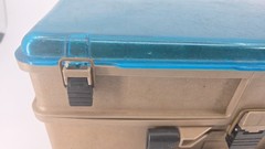 PLANO Vintage Fishing Tackle Box Organizer Two-Tier Tan Blue Translucent Lid