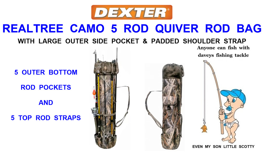 DEXTER REALTREE CAMO: 5 ROD QUIVER ROD BAG CARP FISHING ROD HOLDALL TACKLE BAG