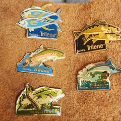Vintage Berkley Trilene Fishing Pin Lot (5) Enamel Lapel Pins Bass Trout Marlin