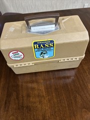 Vintage Old Pal Tackle Box Tan Made In USA Bi-fold 6 Trays Collectible W LURES