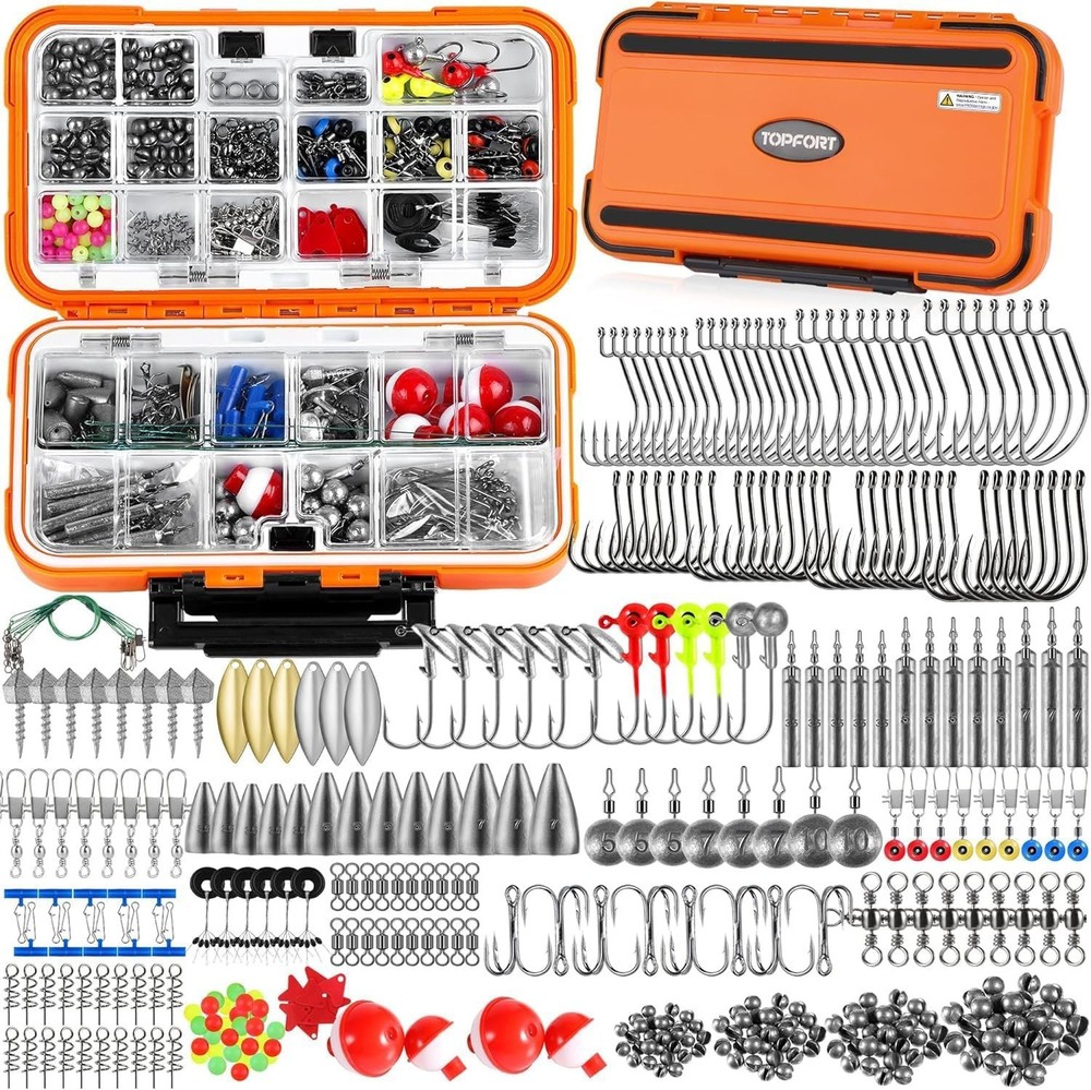 343pcs Fishing Tackle Box Kit Hooks Weights Swivels Snaps Gear Equipment Gift