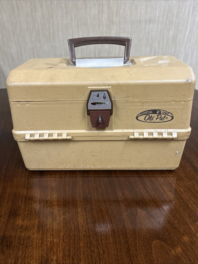 Vintage Old Pal Tackle Box Tan Made In USA Bi-fold 6 Trays Collectible W LURES