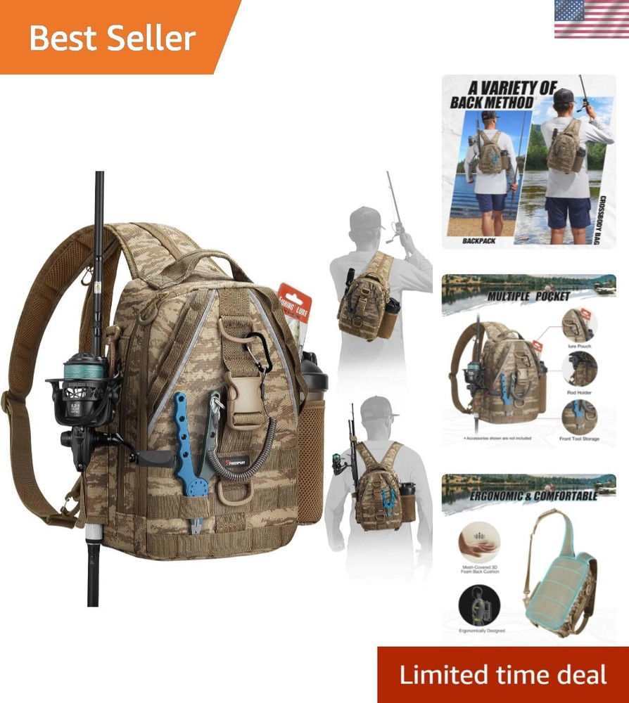 Water-Resistant Fishing Backpack with Rod Holder & Ergonomic Straps – Khaki
