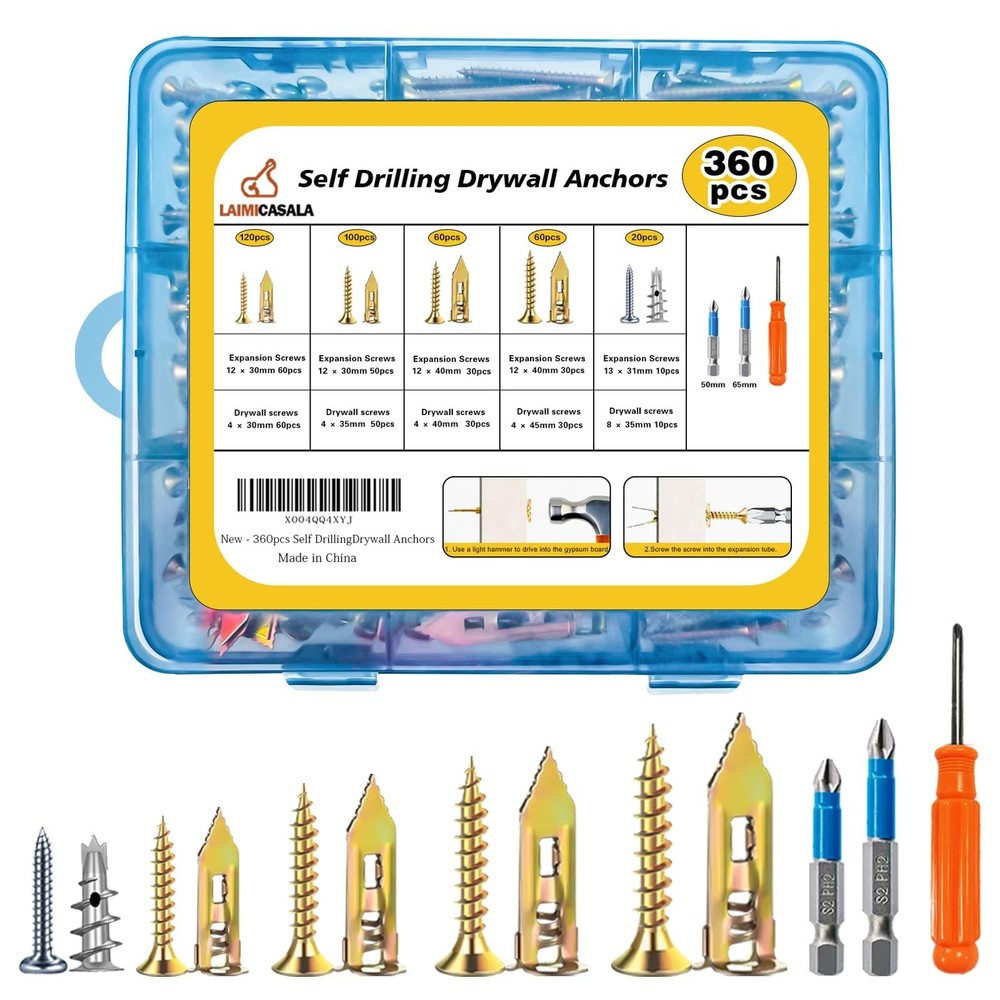 360PCS Self Drilling Drywall Anchors with Screws Kit,5-Sizes Metal Expansion …