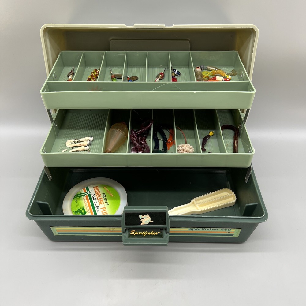 Vtg Sportfisher 450 Tackle Box With Cabela’s Spinner Lures And Soft Bates