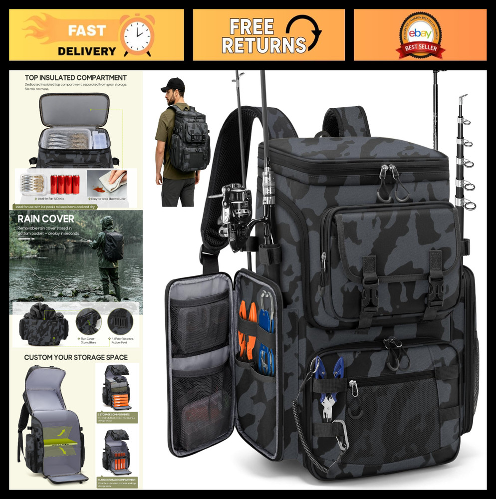 Large 45L Fishing Backpack, Water-Resistant Tackle Bag with 4 Rod Holders & Cool