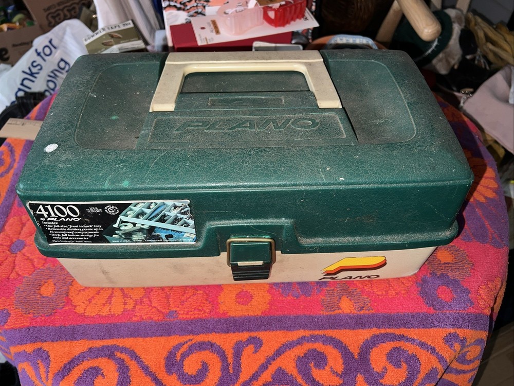 Vintage Plano Fishing Tackle 4100 Green & Tan Plastic Box 1980s U.S.A.