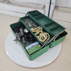 Vintage Union Utility Chest Metal Tackle Box w/ Lures Sinkers Fishing Lot Green