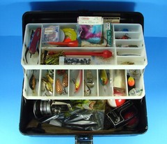 Old Pal 2 Tray Tackle Box With Lures Spinning Reel Soft Plastics Spoons Knife
