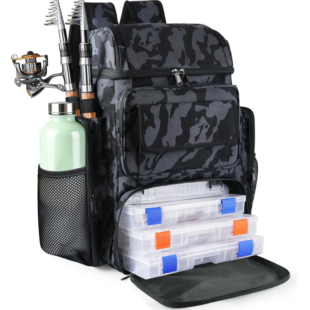 YOLIBON Fishing Tackle Backpack With Rod Holders, 45L Large, Camouflage Black