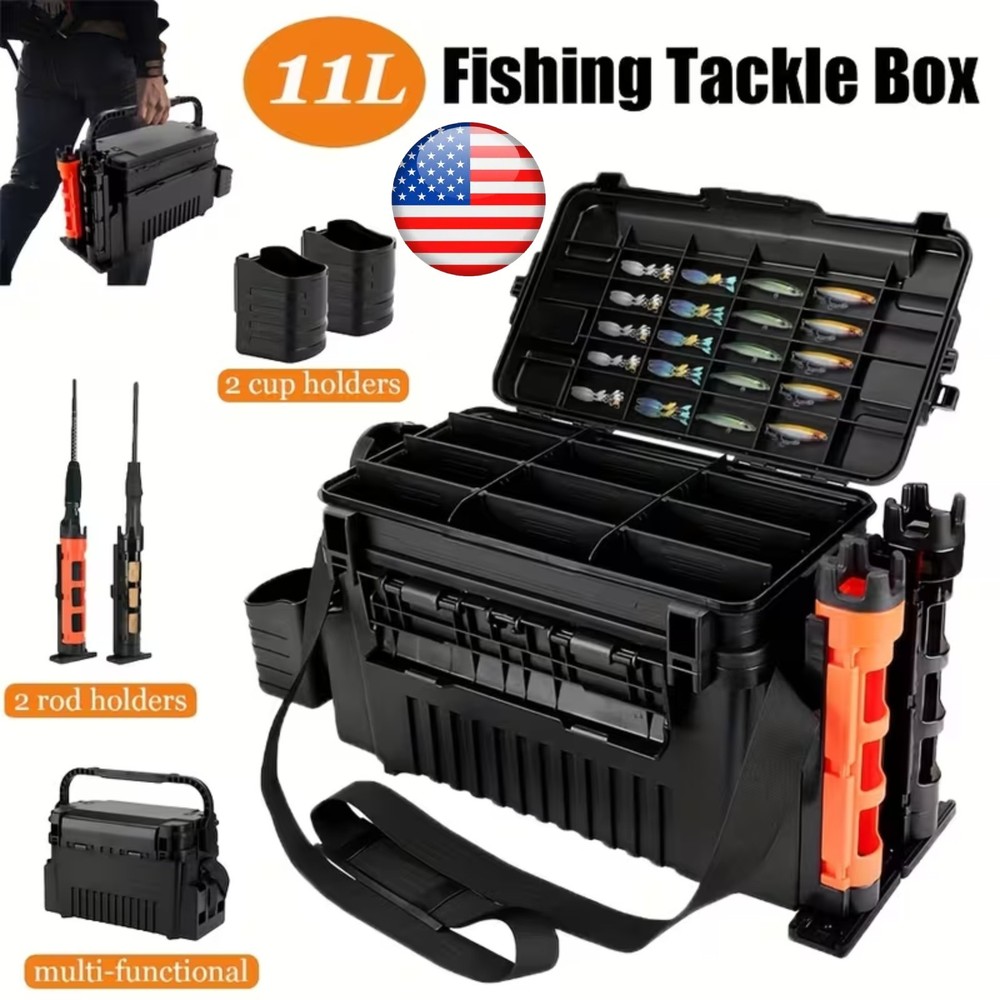 11L Fishing Tackle Box, Fishing Equipment Storage Box W/ 2 Rod & 2 Cup Holders