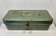 Vintage Old Fishing Tackle Box Metal Green Steel w/ Vintage Fishing Tackle Gear