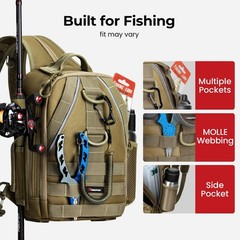 Piscifun Fishing Backpack with Rod Holder, Lightweight Sling Standard, Khaki