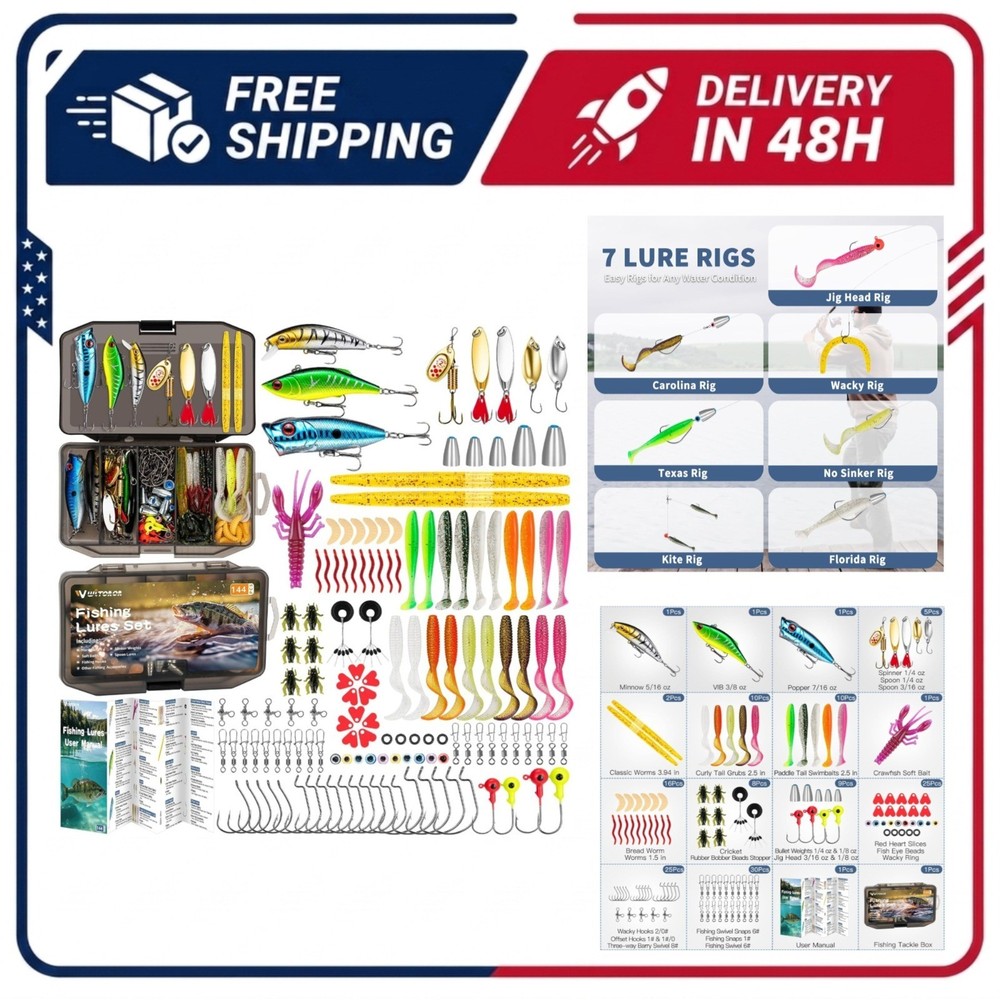 WITOROR Fishing Tackle Box Kit 146pc Lures Hooks Weights Freshwater