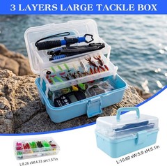 3-Layer Blue Fishing Tackle Box with Tackle Included, Fishing Tool Kit Includes
