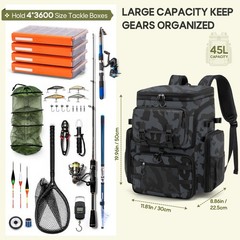 Large 45L Fishing Backpack, Water-Resistant Tackle Bag with 4 Rod Holders & Cool