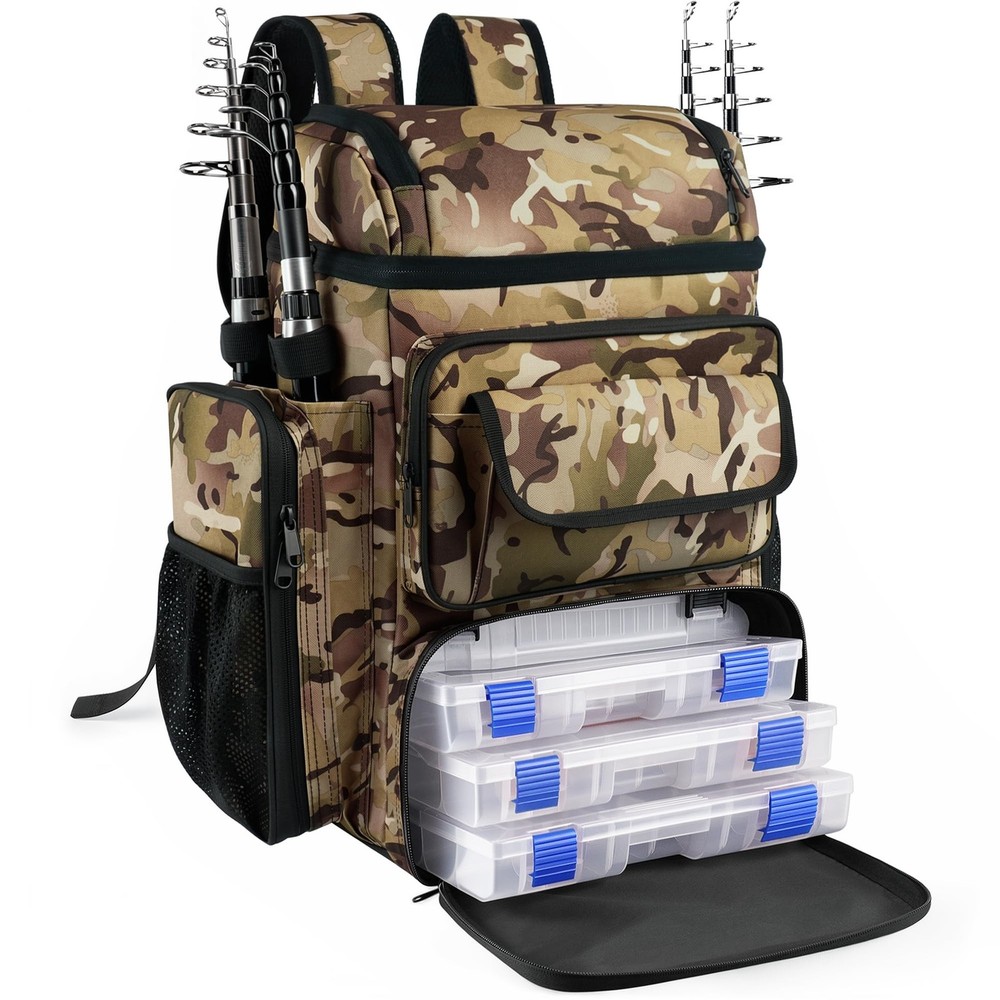 Fishing Tackle Backpack With Rod Holders,45L Large Tackle Bag & Fishing Tackl…