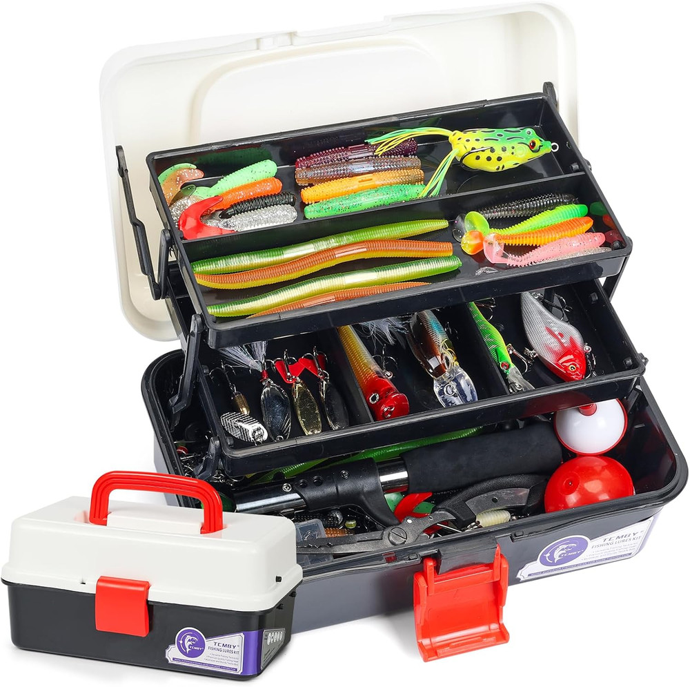 3 Layers Tackle Box with Tackle Included, 321Pcs Fishing Lures Kit Contains Plie