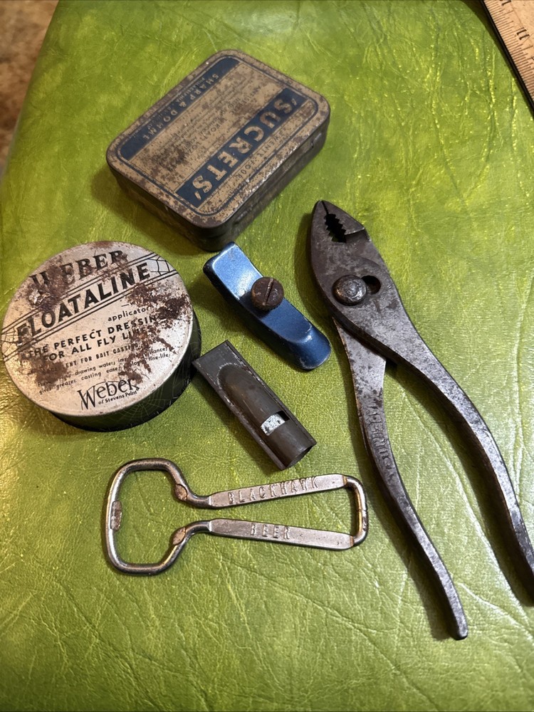 Lot of Vintage Tackle Box Odds And Ends Tools Beer Opener Weber Stevens Pt WI
