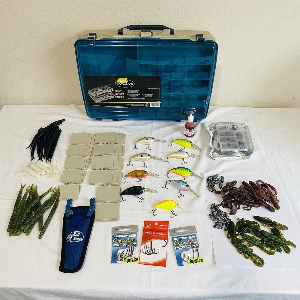 Big Fishing Lot Plano Double Layer Satchel, Lure, Bait, Sinkers, Pliers & Hooks