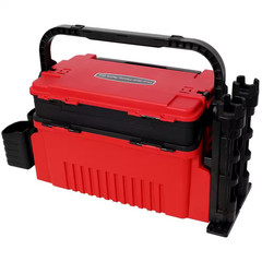 9 In. W Red Plastic Portable Dual-Layer Fishing Tackle Tool Box with Rod Holder,