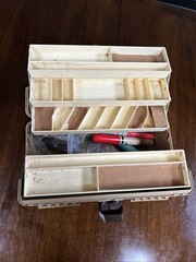 Vintage Old Pal Tackle Box Tan Made In USA Bi-fold 6 Trays Collectible W LURES
