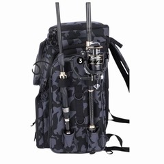 PLUSINNO Fishing Tackle Backpack 42L Water-Resistant Rod Holder Black Camouflage