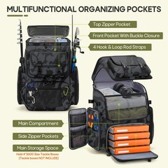 Large 45L Fishing Backpack, Water-Resistant Tackle Bag with 4 Rod Holders & Cool